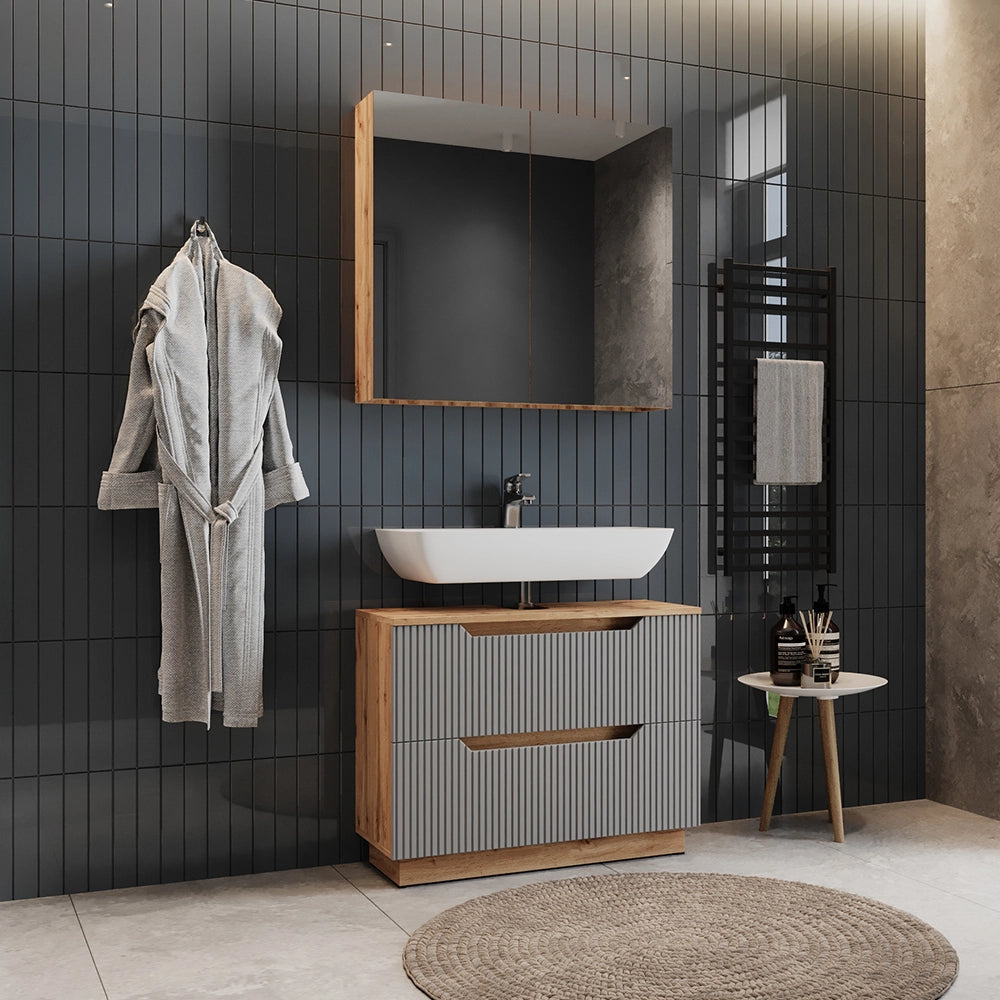 Vicco Set di mobili da bagno Rovere/grigio a righe 2 parti