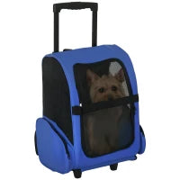 Trasportino Zaino 2 in 1 per Cani e Gatti con Tasche Laterali, Maniglia Telescopica e Ruote, 42x25x55cm, Azzurro