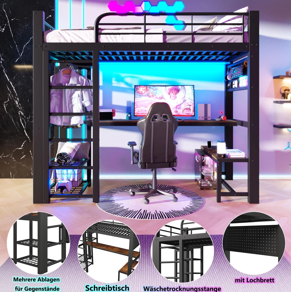 Letto a soppalco in metallo 90x200 cm con scrivania e LED
