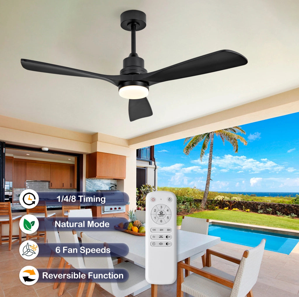 Ventilatore da soffitto 52" in legno massello, 3 pale, luce LED e telecomando, nero