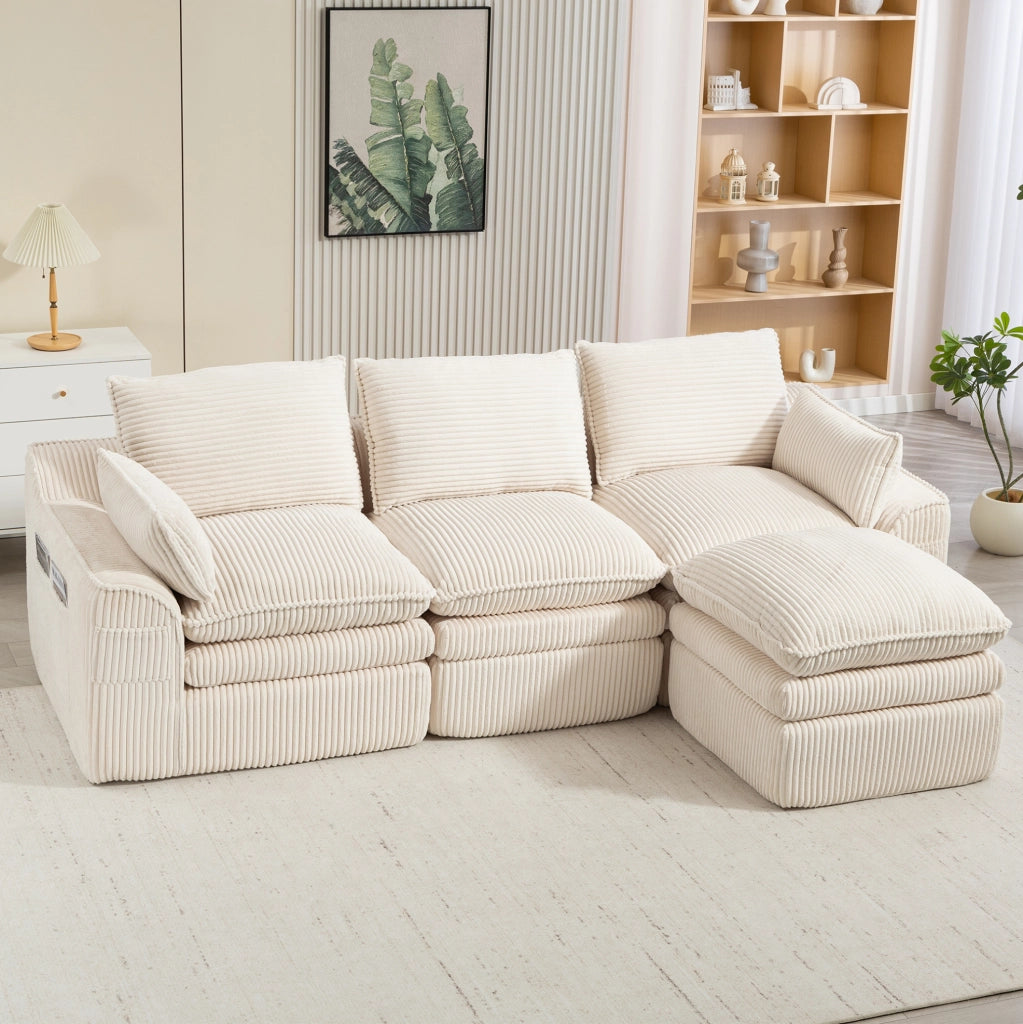 Divano modulare a 3 posti in corduroy beige con pouf; tasche laterali e cuscini 263x167x85 cm