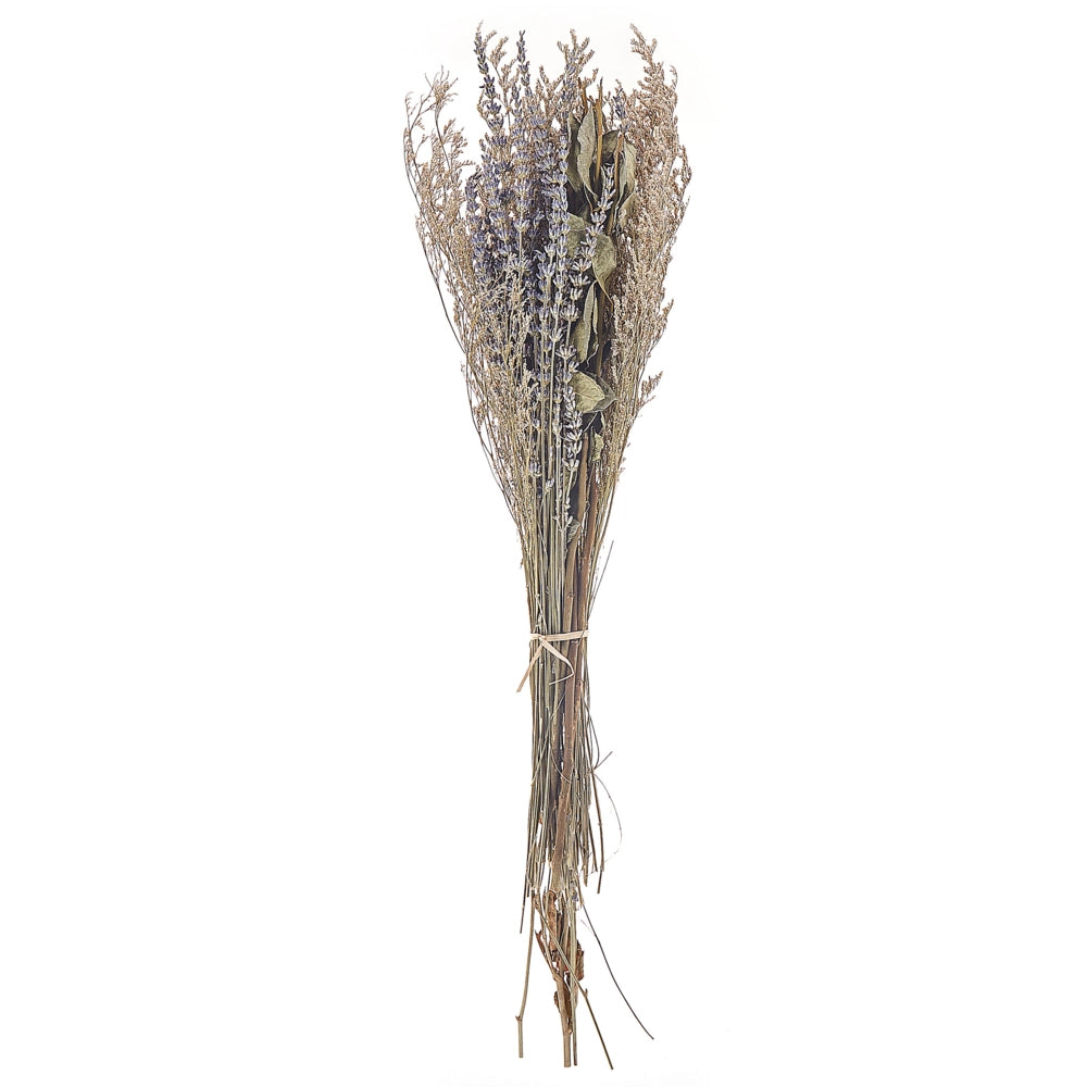 Mazzo di fiori secchi decorativi di colore viola e verde 70 cm e avvolti in carta decorativa