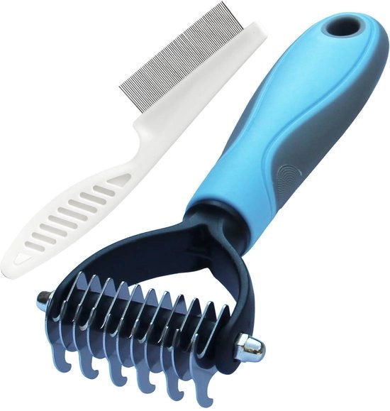 Strumento di cura per animali domestici, a doppia faccia, per rimuovere i nodi e le matasse dei capelli di cani e gatti.