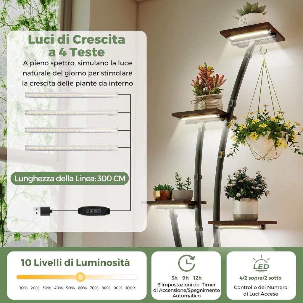 Scaffale per Piante da Interno ed Esterno, Porta Piante Angolare in Metallo a 8 Ripiani con Luci di Crescita, Porta Vasi per Balcone, Soggiorno e Giardino, 67 x 30 x 156 cm (2)
