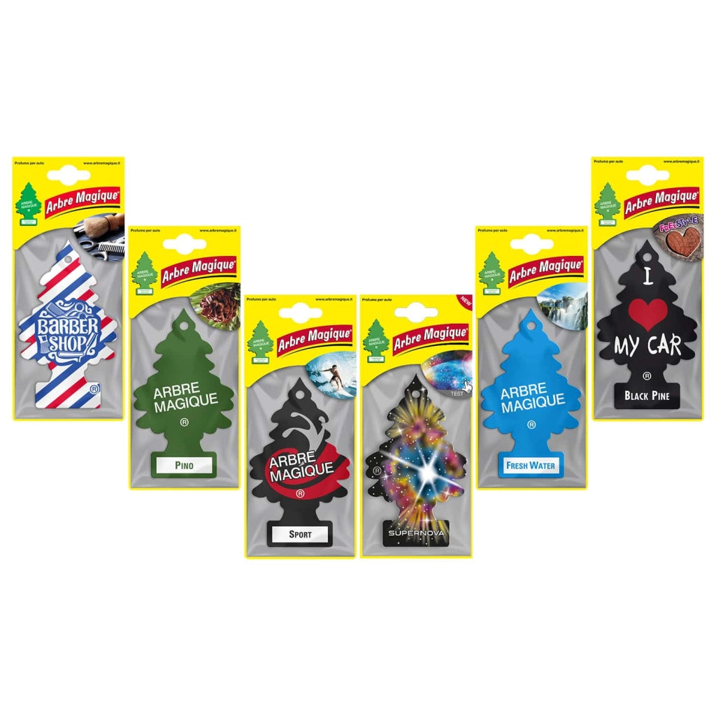 Profumatore Auto, Misti con Barber Shop, Supernova, Black Pine, Fresh Water, Sport e Pino, Arbre Magique