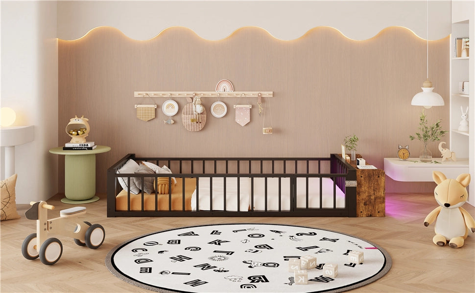 DESMIU Letto bambino 90 × 200 cm con cassetto, ripiano e LED, con sponda di sicurezza, senza materasso, in metallo e MDF, nero