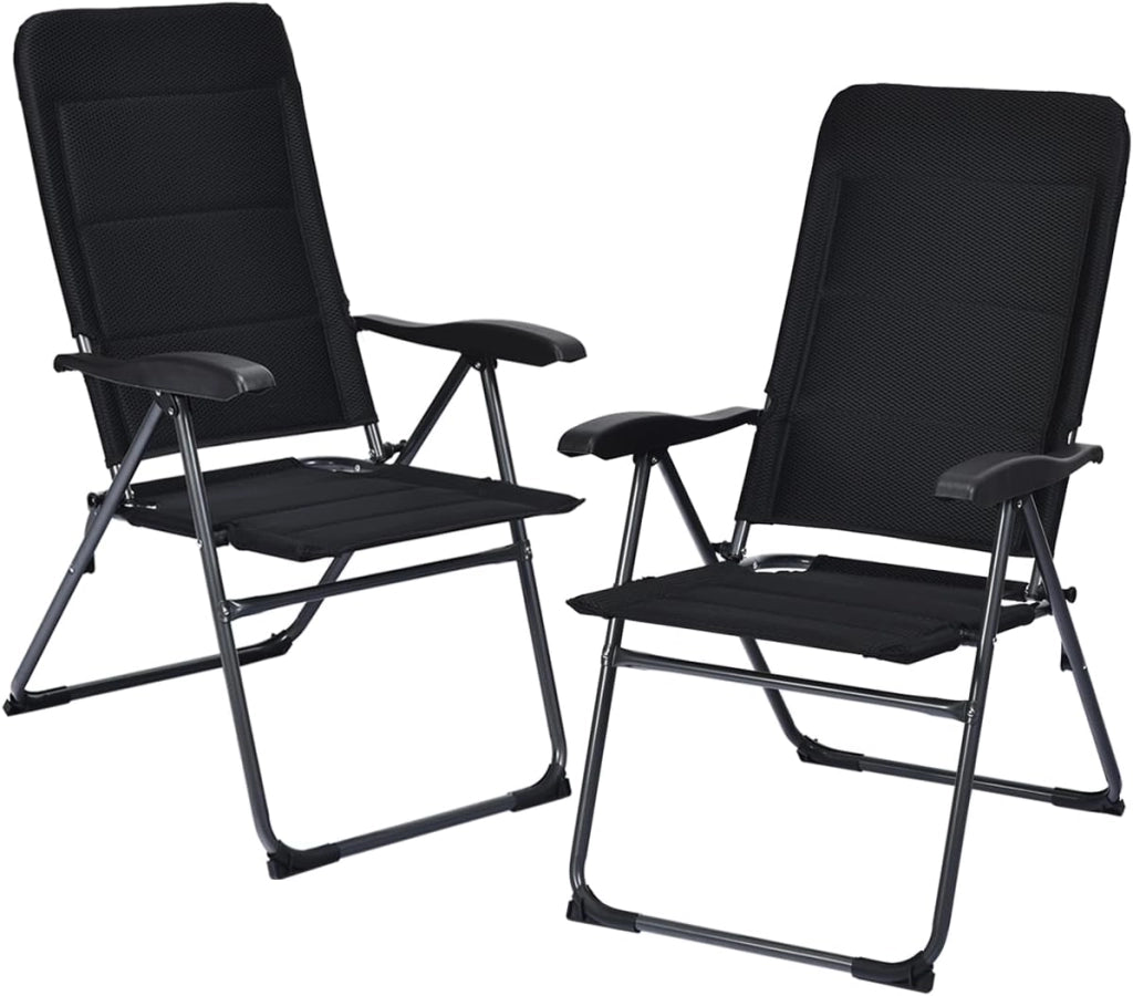 Set di 2 sedie pieghevoli per giardino, sedie con schienale regolabile, supporto ergonomico e cuscino per seduta in spugna, sedie da pranzo per patio, giardino, nero (Grigio)