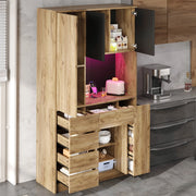 Credenza da cucina con LED e presa, ripiani regolabili, portabottiglie, MDF nero naturale 105 × 40 × 185 cm
