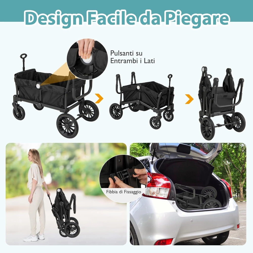Passeggino Doppio Pieghevole, Passeggino Gemellare con Manico Regolabile, Tettuccio Rimovibile, Portabicchieri, per Bambini da 6+ Mesi, 104 x 57 x 107 cm (Nero)