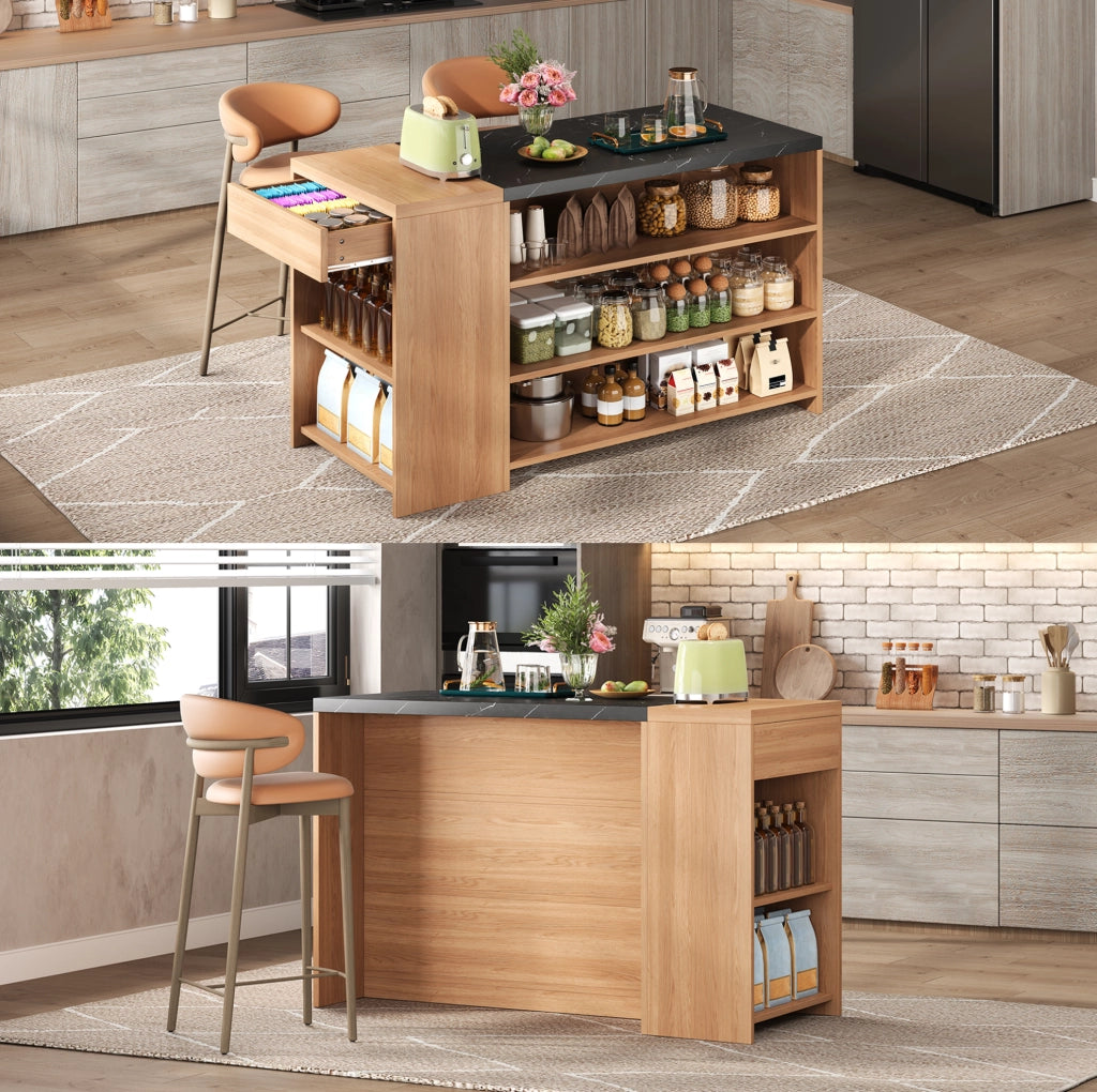 Isola cucina con bancone e cassetto nascosto 140x60x90 cm MDF nero effetto marmo e rovere