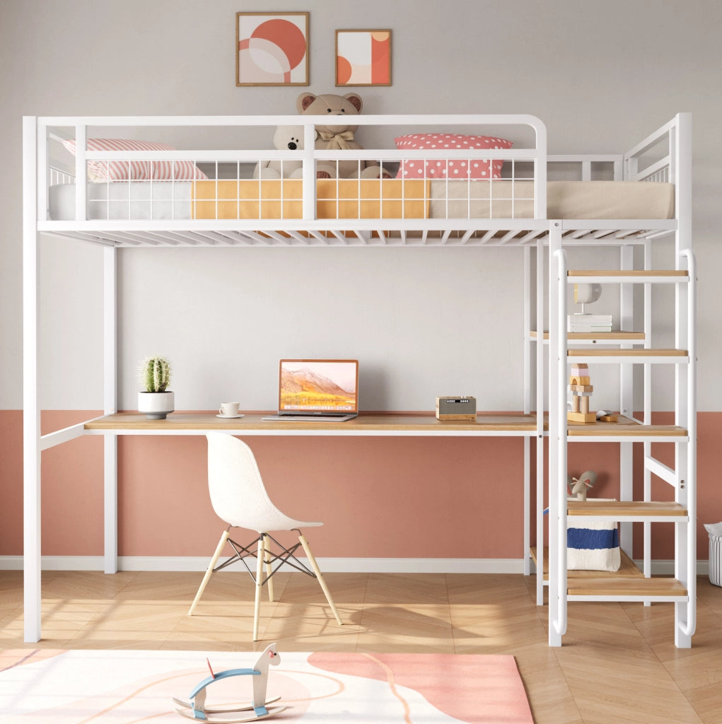 Letto a soppalco in metallo 90x200 cm con scrivania e ripiani; bianco