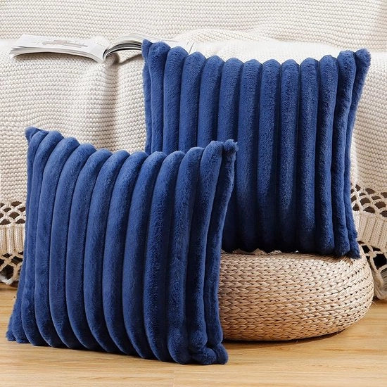 Set di 2 coprileganti decorativi in pelle artificiale, strisce morbide, coprilegante decorativo per divano, camera da letto, coprilegante blu, 55 x 55 cm