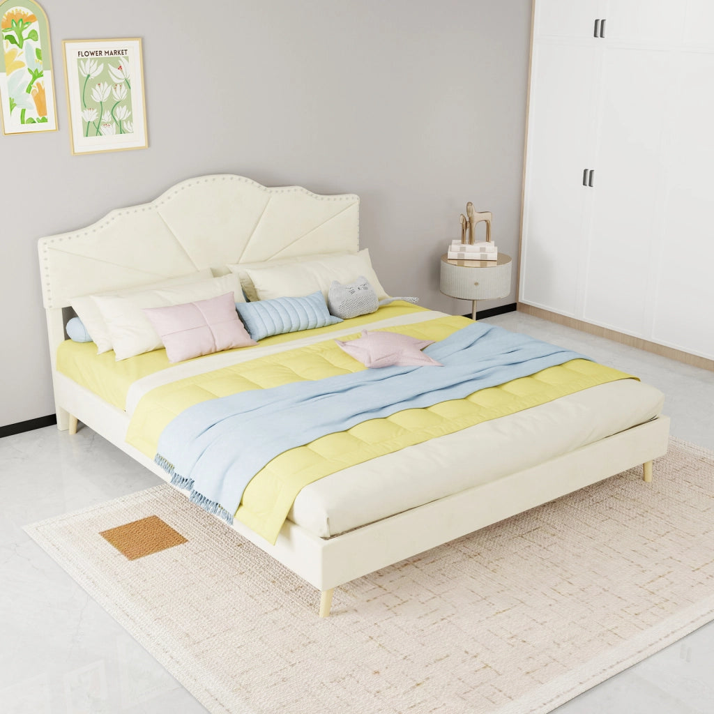 Letto imbottito con testiera geometrica 160 x 200 cm; rivestimento beige