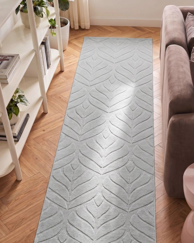 Tappeto da corridoio in pelliccia sintetica di coniglio grigio chiaro in poliestere, 80 x 300 cm, rotondo, morbido, a pelo lungo, motivo a foglie