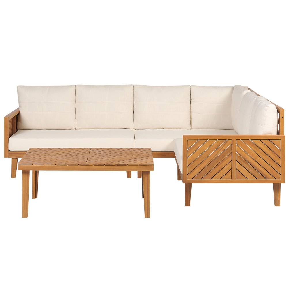 Set divani da giardino in legno di acacia cuscini beige chiaro 4 posti con tavolino design moderno set conversazione per esterni