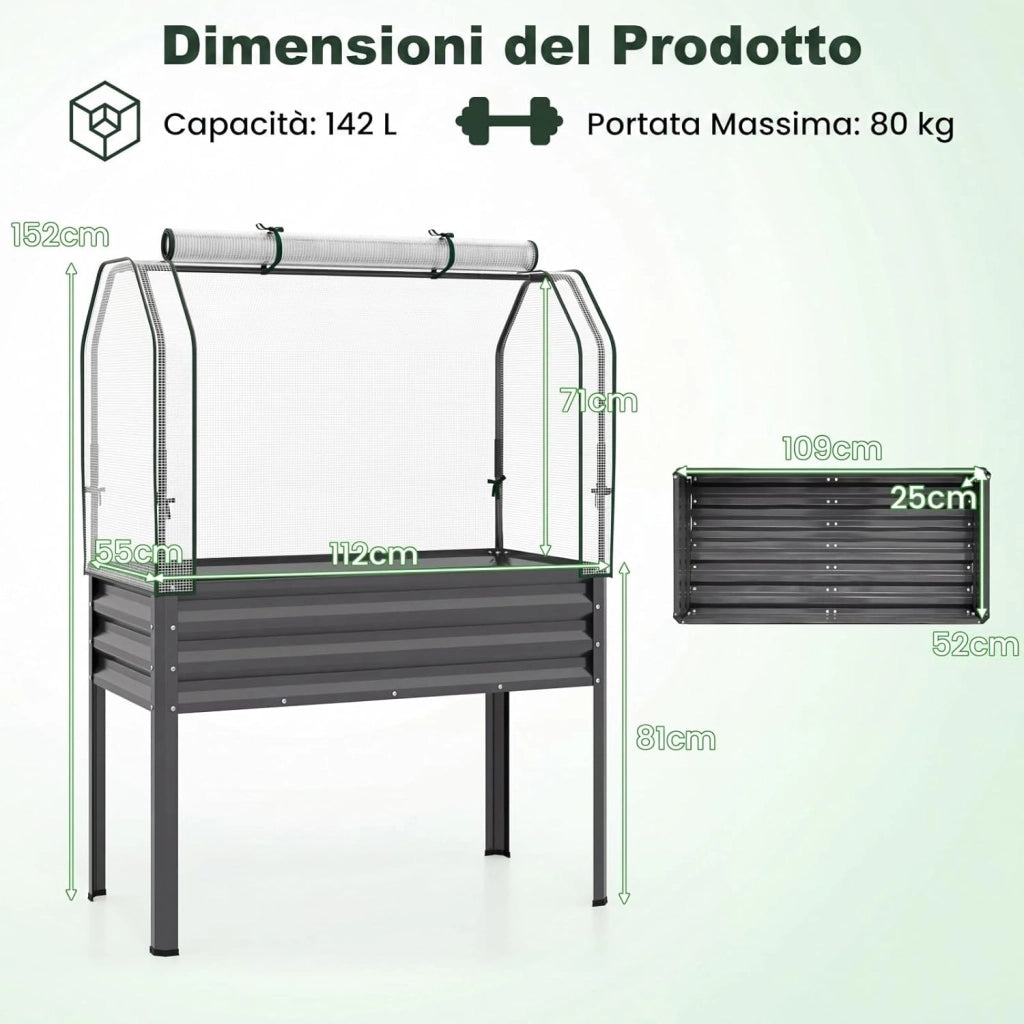 Orto Rialzato da Esterno con Serra, Fioriera Rialzata con Copertura in PE, Porta Avvolgibile con Cerniera e Guanti, Aiuola Rialzata per Verdure, Fiori e Frutta, 112 x 55 x 152 cm (Grigio)