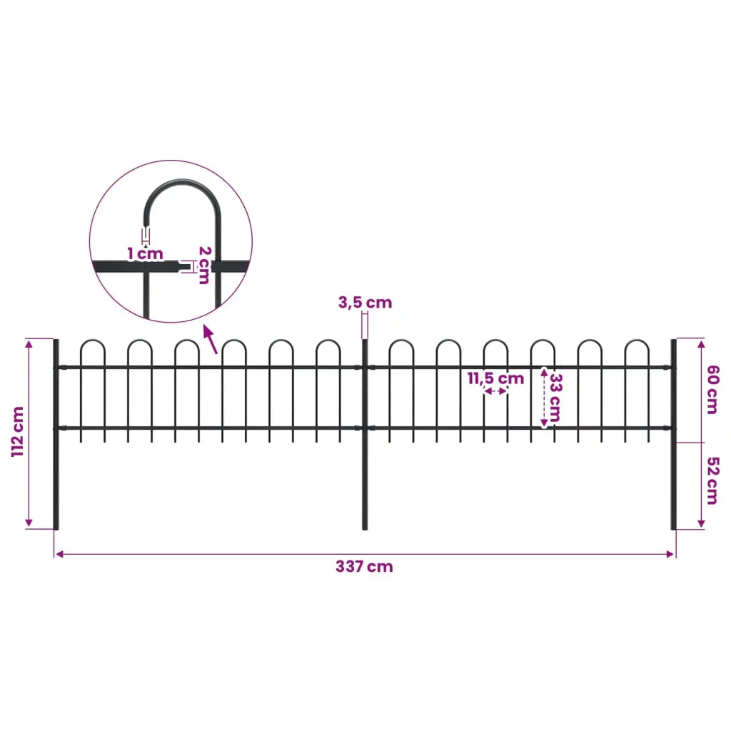 Recinzione da Giardino con Parte Superiore ad Anello in Acciaio 337x60 cm Nero 277639