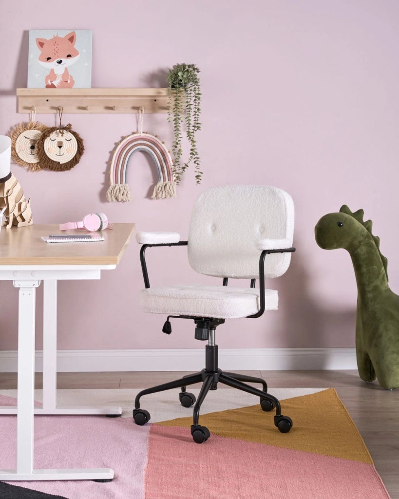 Sedia da ufficio in bouclè bianco sporco girevole con altezza regolabile e freno di sicurezza ufficio di casa studio