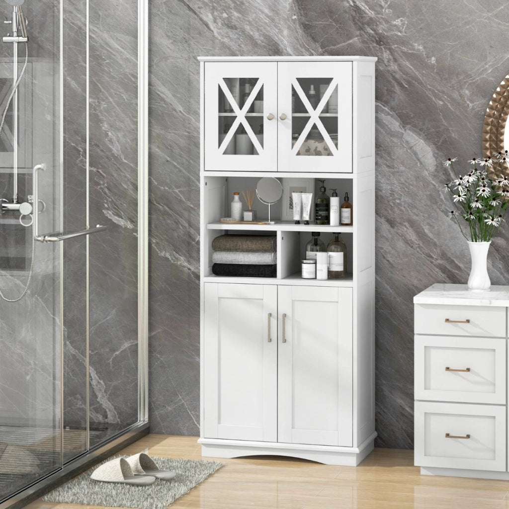 Armadio da bagno alto-Mobiletto da bagno con porte in acrilico e 3 cubi, Armadio da terra salvaspazio con ripiani regolabili Bianco