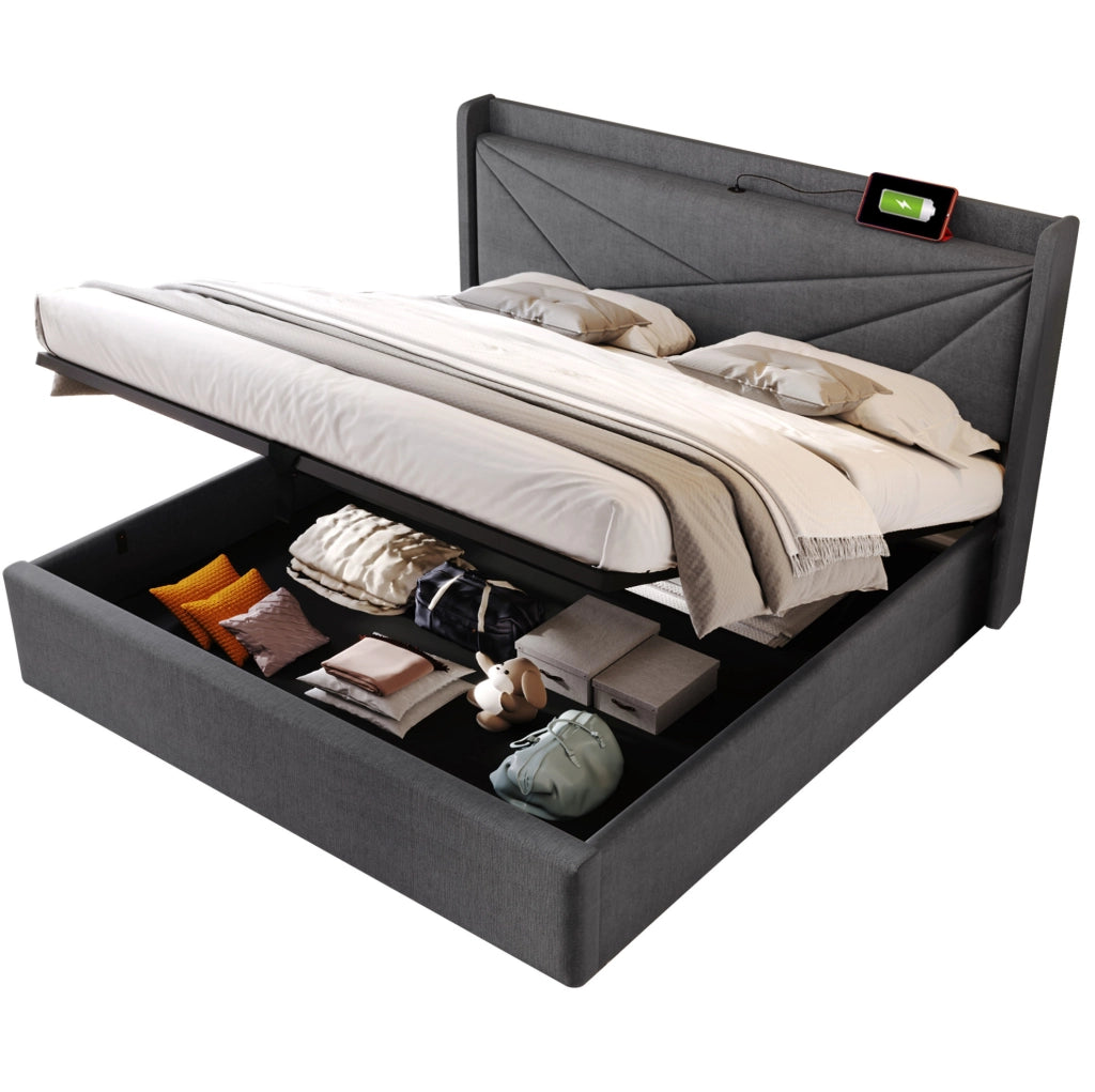 Letto matrimoniale contenitore 180x200 cm grigio con testiera USB e Type-C