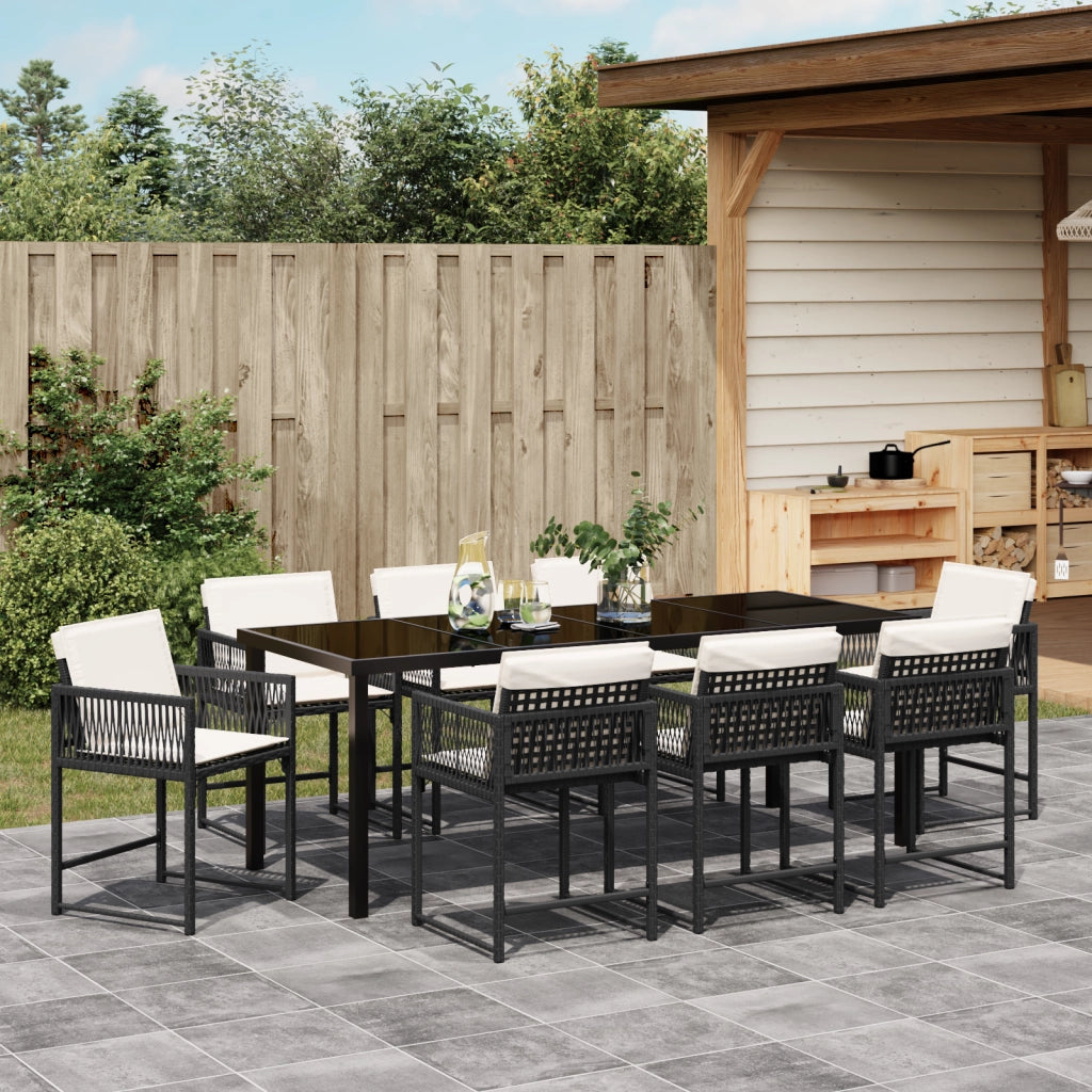 Set da pranzo da giardino 9 Pezzi con Cuscini Nero Rattan Poliestere