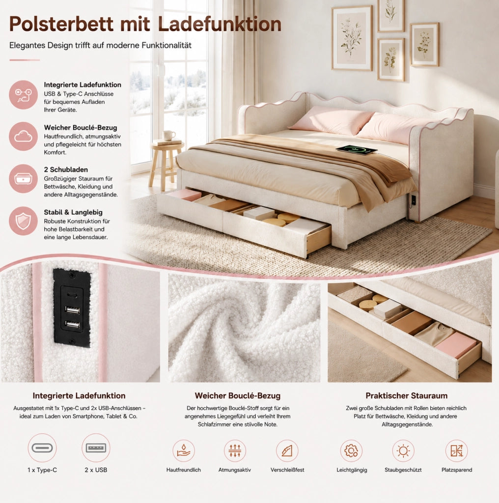 Letto singolo estraibile bouclé beige 90x200 con USB-C