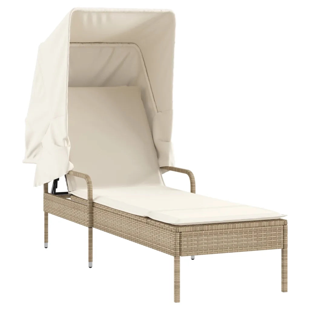 Lettino Prendisole | Sdraio da giardino | Lettino da sole con Baldacchino e Tavolino Beige Polyrattan