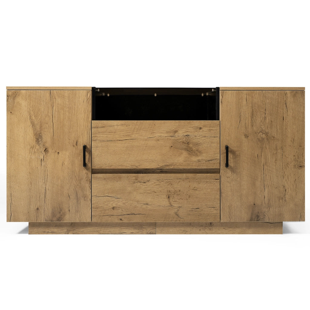 Credenza in finitura rovere con 2 cassetti, 2 ante e vano aperto, H70 L140 P40 cm