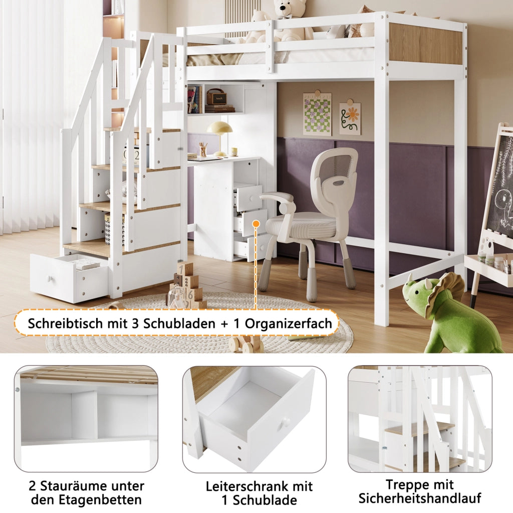 LETTO a castello con scrivania, scala contenitore, 90x200 cm, bianco/naturale
