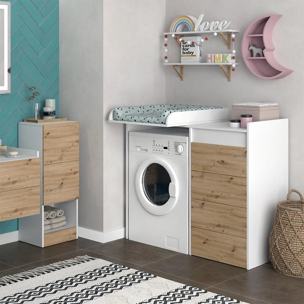 Mobile lavatrice Alf, Bianco, 116 x 98 cm con 4 cassetti, per riporre risparmiando spazio sopra la lavatrice