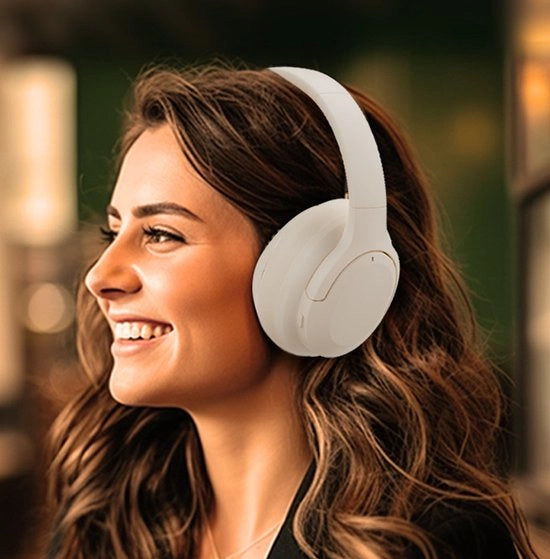 Cuffie stereo Bluetooth con riduzione del rumore, design aperto, alta fedeltà audio, basso potente, microfono, pieghevole e leggero, adatto per viaggi, lavoro da casa, palestra, utilizzo di smartphone e computer. Bianco