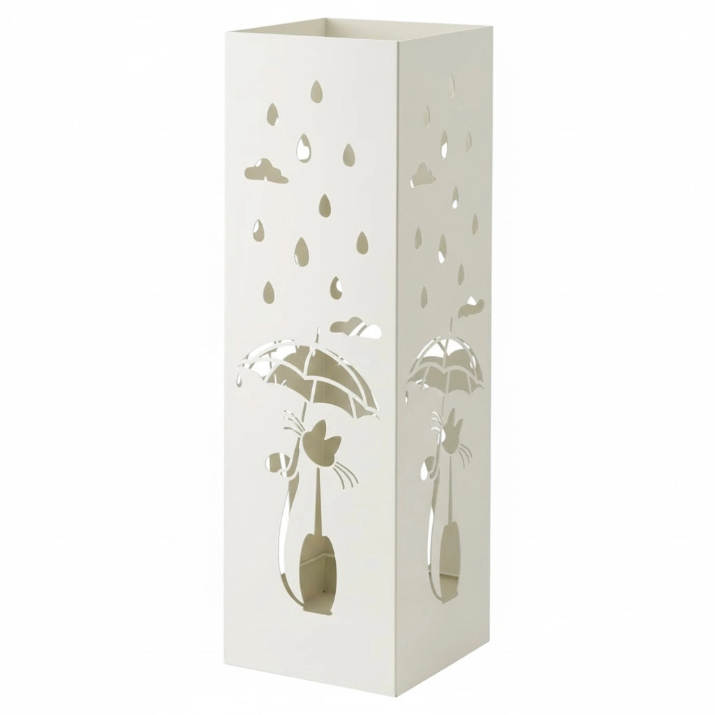 Portaombrelli Quadrato In Metallo Con Intaglio Gatto Vaschetta Scolapioggia Removibile Due Ganci Laterali Base Antiscivolo Design Moderno Per Casa E Ufficio 49 X 15.5 X 15.5 Cm Bianco