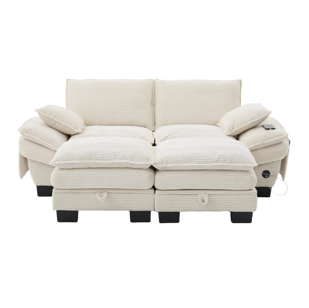 Divano modulare 2 posti in velluto a coste beige con 2 pouf