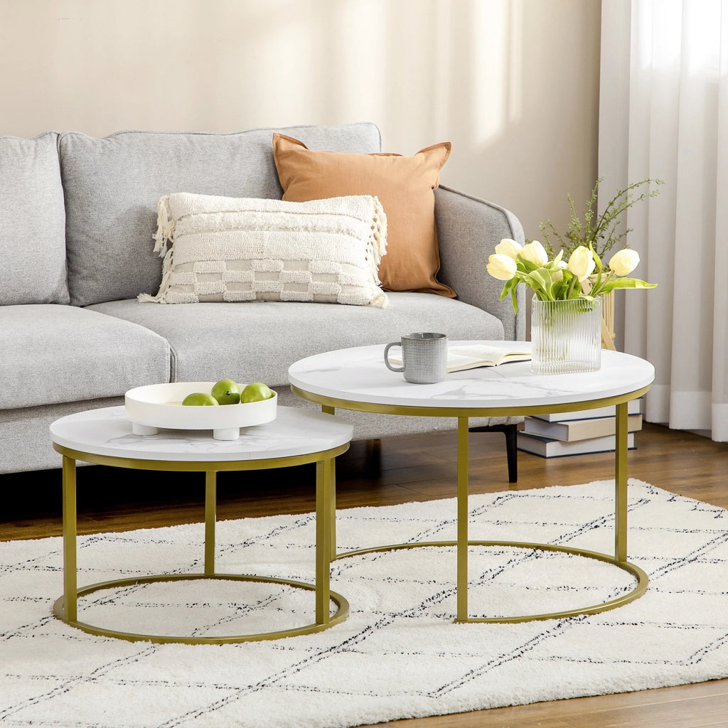 Set 2 Tavolini da Salotto Rotondi e Impilabili in Acciaio e Truciolato, ?74x46.3 cm e ?59x38.5 cm, Bianco e Oro