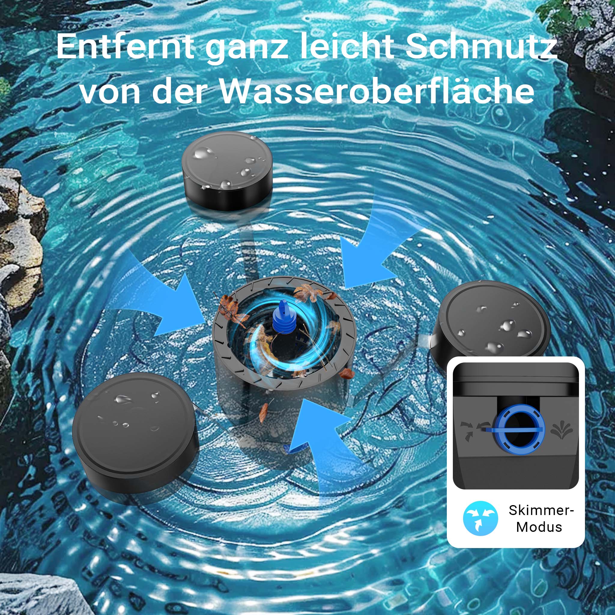 Skimmer galleggiante CSP-250 per laghetto, Pompa 2500l/h 45W e Fontana