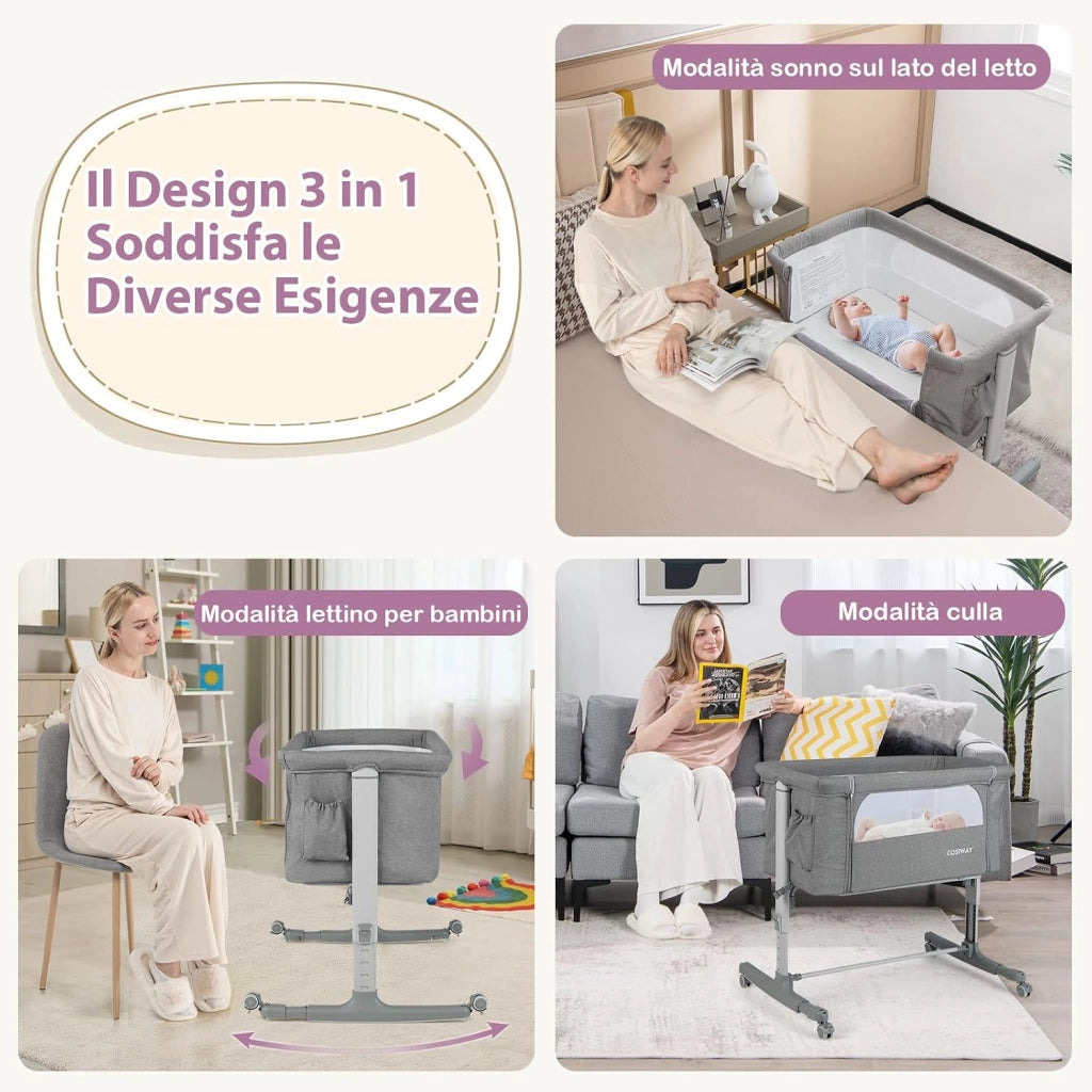Culla Neonato Fianco Letto 3 in 1, Lettino Dondolo Neonati con Materasso, Culla da Campeggio con Ruote e Borsa, Regolabile In Altezza, Inclinazione di 10°, per Bambini 0-6 Mesi (Grigio)