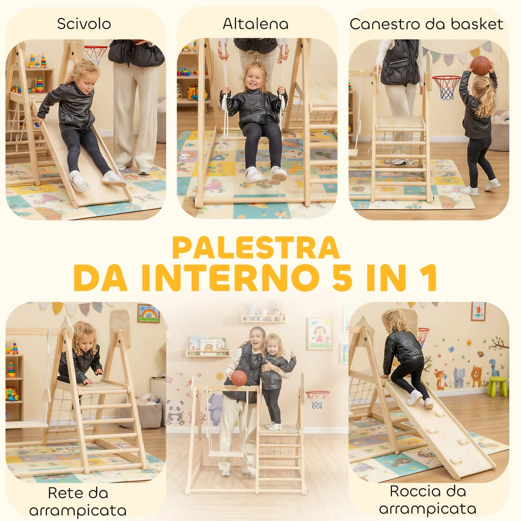 Casa di gioco per bambini con scivolo, altalena e canestro ¨C zephmum ¨C Legno, 140x172.5x116.5 cm