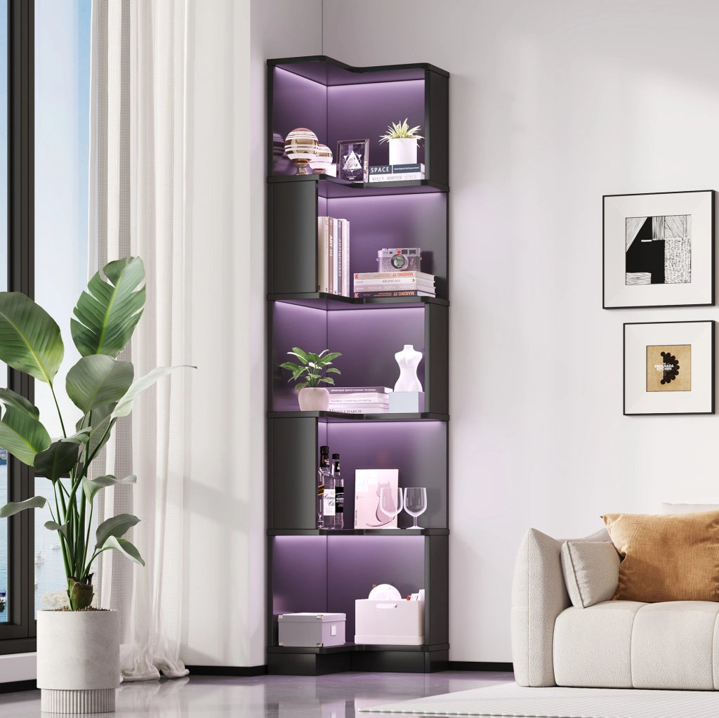 Libreria angolare a 5 ripiani in MDF con LED RGB controllabili tramite app, nera