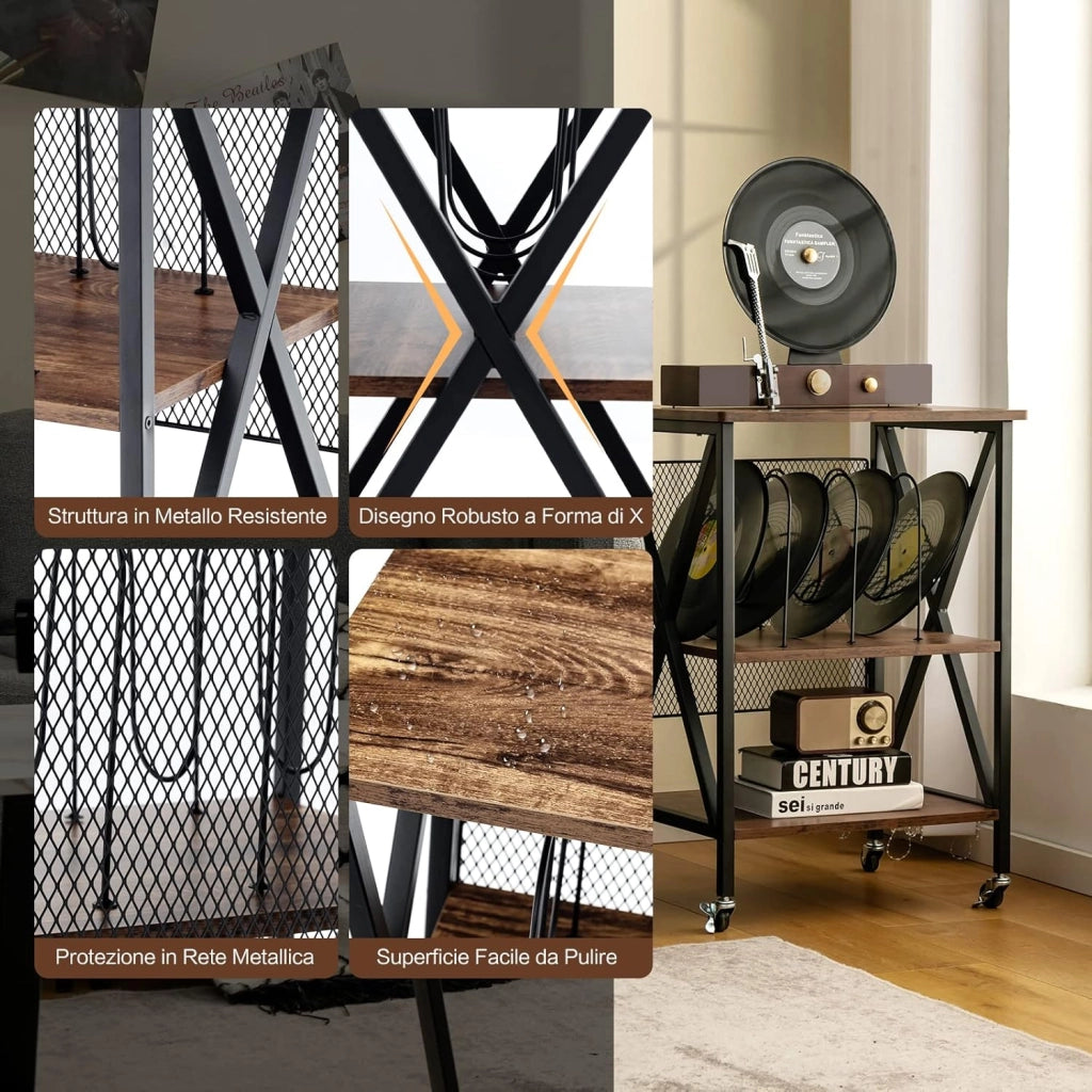 Supporto per Giradischi, Supporto per Giradischi in Vinile con Ruote Bloccabili, 3 Livelli, per Soggiorno, Camera da Letto, 52 x 45 x 75 cm