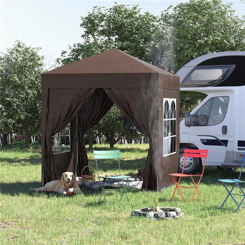 GAZEBO PIEGHEVOLE CON 4 PARETI RIMOVIBILI E BORSA DA TRASPORTO IN METALLO E POLIESTERE 2X2X2.4 M MARRONE