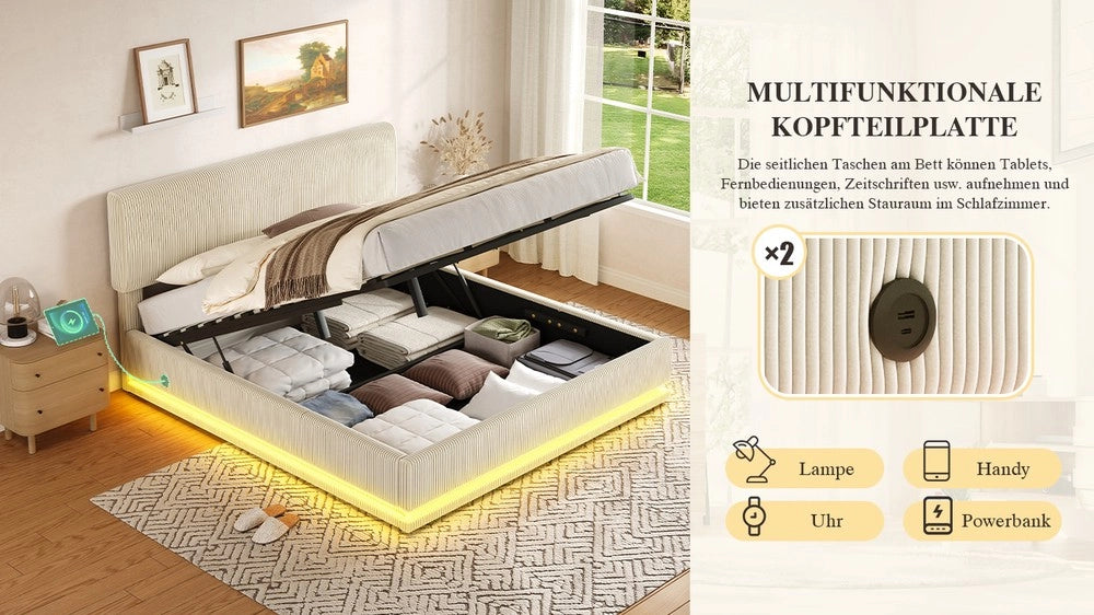 Letto Imbottito Contenitore con LED e Testiera Regolabile ¨C MINIMAL ¨C Velluto a Coste, 160x200, Beige