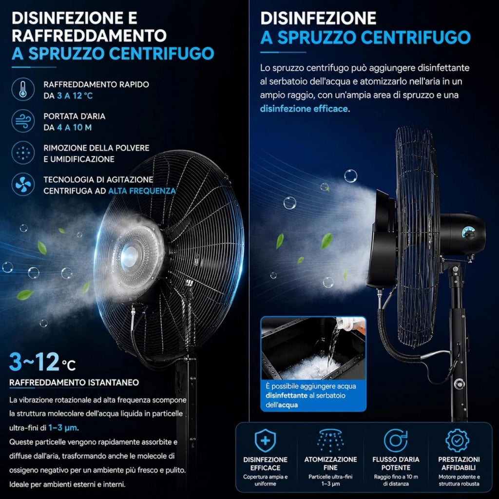 Ventilatore Nebulizzatore Raffrescatore 75 cm con Tanica 46L, 3 Velocità, Altezza 180 cm, 280W 220V, Raffrescatore ad Acqua per Esterni, Eventi, Ristoranti, Bar e Giardini