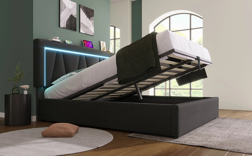 DESMIU Letto Matrimoniale 140 × 200 cm con LED, USB e Type C, contenitore idraulico, con materasso, in lino, grigio