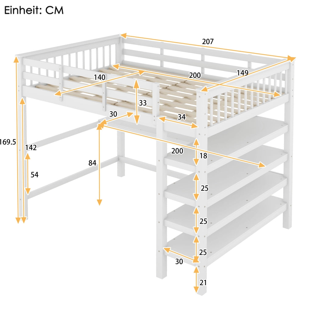 Letto a soppalco 140x200 con scrivania e scaffali, bianco