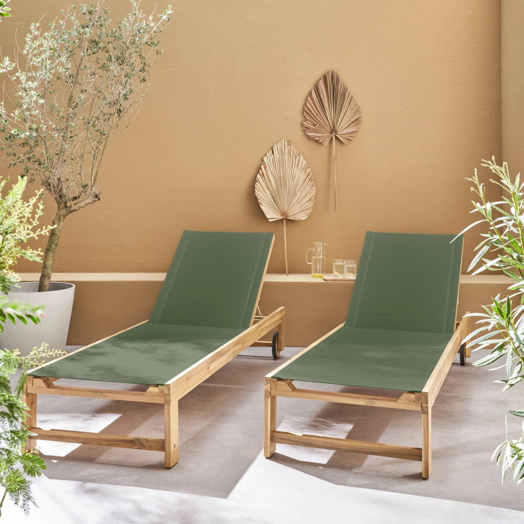 Set 2 lettini prendisole in legno multiposizione con ruote, verde kaki