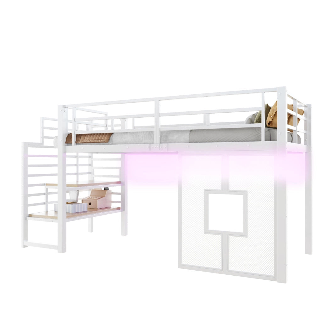 Letto a soppalco 90x200 cm in metallo e MDF con scala LED