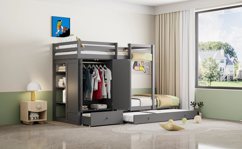 DESMIU Letto a castello 90 × 200 cm 3 posti con letto estraibile, armadio, cassetti e mensola, senza materasso, grigio