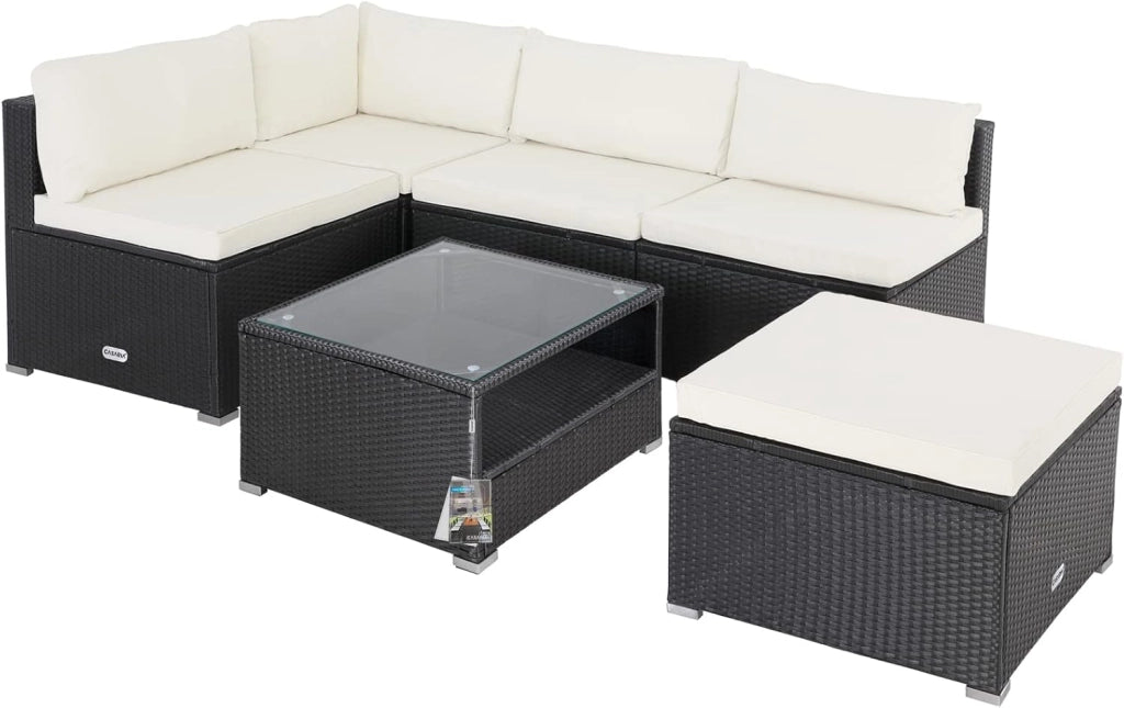 Set Salotto in Polyrattan XL Cuscini Imbottiti Tavolo in Vetro Resistente Mobili Giardino Salottino Angolo Ripiano Extra