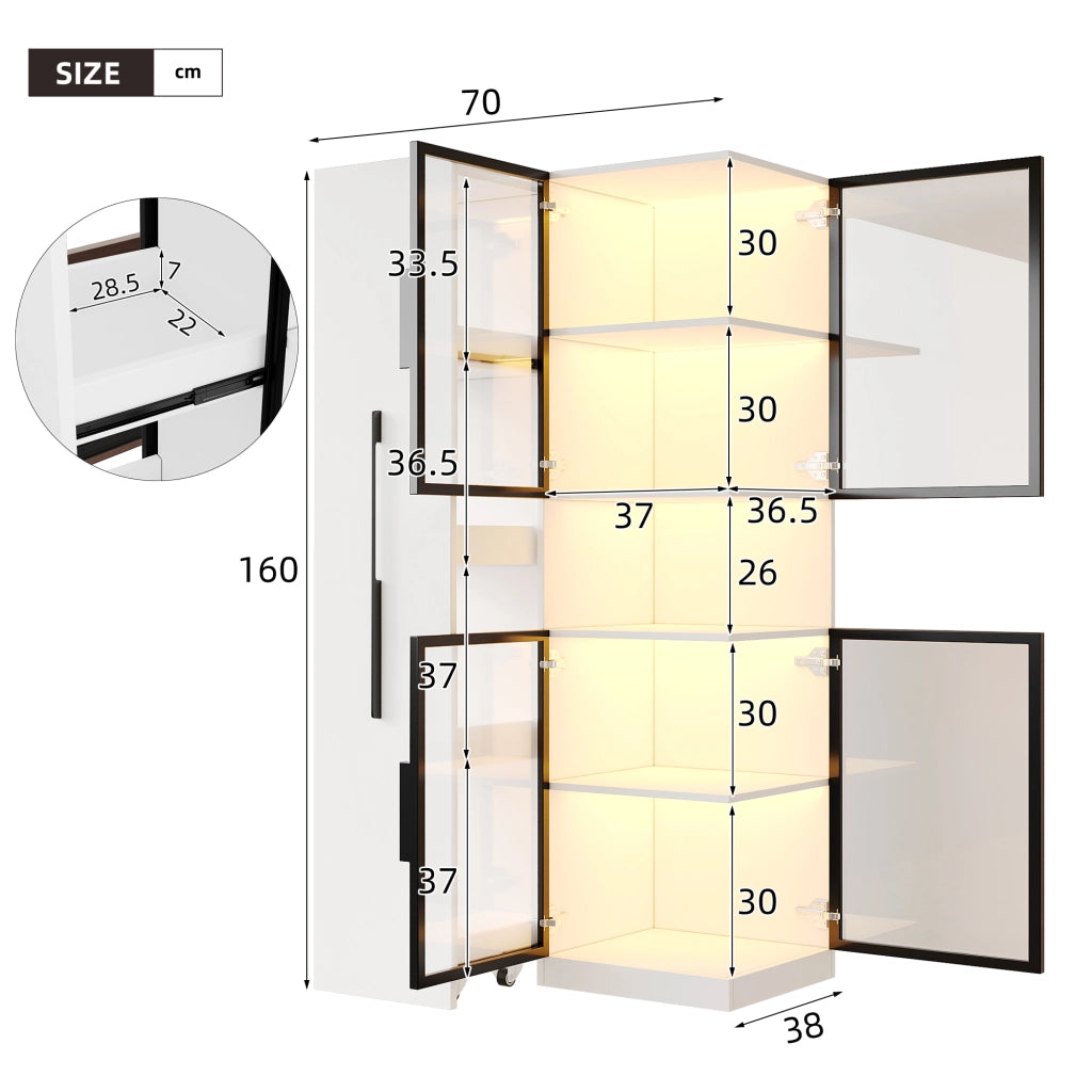 Vetrina alta in MDF e vetro 70×38×160 cm con ripiani estraibili, LED multicolore e protezione antiribaltamento, colore bianco