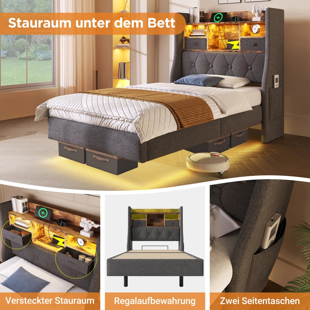 OKWISH Letto Matrimoniale 140×200 cm con LED Regolabile, USB, Tipo C e Contenitore, senza Materasso, in Lino, Grigio